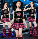 【スーパーSALE先着10名:600円Offクーポン】子供ダンス衣装 チェック柄スカートキャミソールtシャツ女の子ヒップホップジャズダンス衣装 イベントステージショー演出服 hiphop ステージ衣装 学園風キッズチアダンス jazz