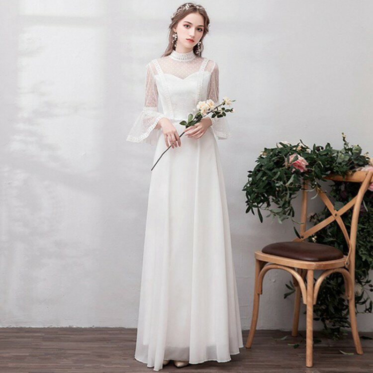 ウェディングドレス 二次会ドレス 新作ドレス 森ガール 花嫁 ドレス レース フレア袖 前撮りドレス パーティードレス エレガント 謝恩会 結婚式 演奏会 ロングドレス