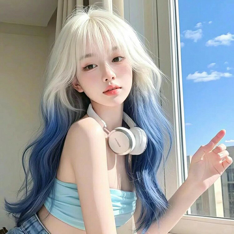 【先着60名：200円Offクーポン】ロリータ ウィッグ ロング スーパーロング 巻き髪 フルウィッグ プラチナブロンド ブルー グラデーション ぱっつん前髪 カール ウェーブ かつら wig 自然 小顔 ロングヘアー 女装(4)