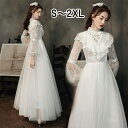 パーティードレス ウェディングドレス シースルードレス 総レース Vネック Aライン 白 ホワイト 長袖付き 上品ワンピース ロングドレス 母親 結婚式 編み上...