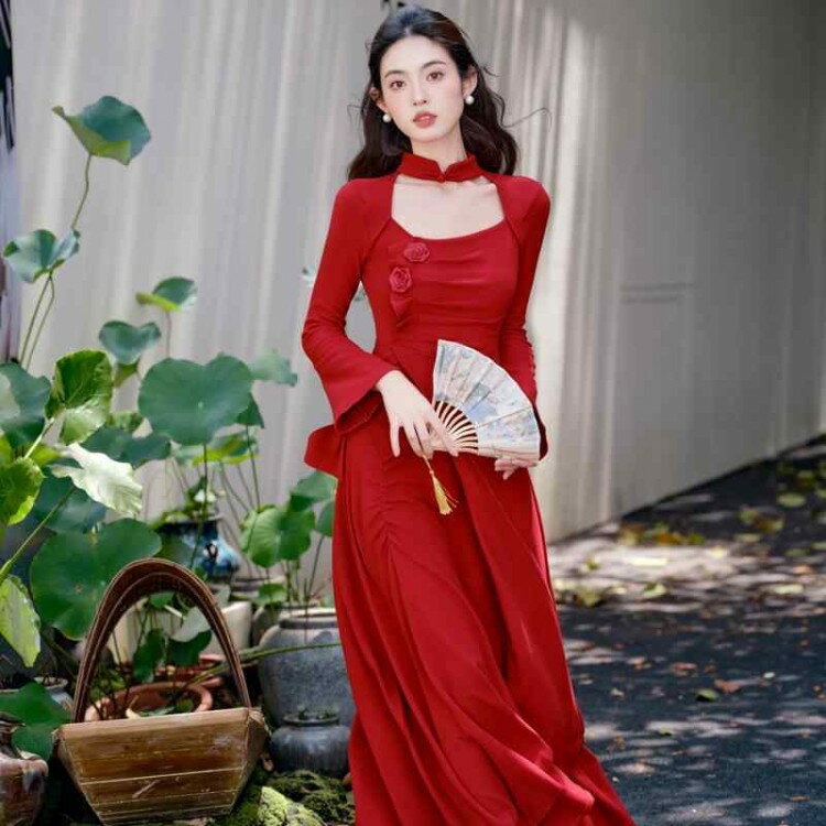 ワンピース レディース 赤 花モチーフ 薔薇 ハイウエスト 軽量 セクシー エレガント ラテンスタイル パ..