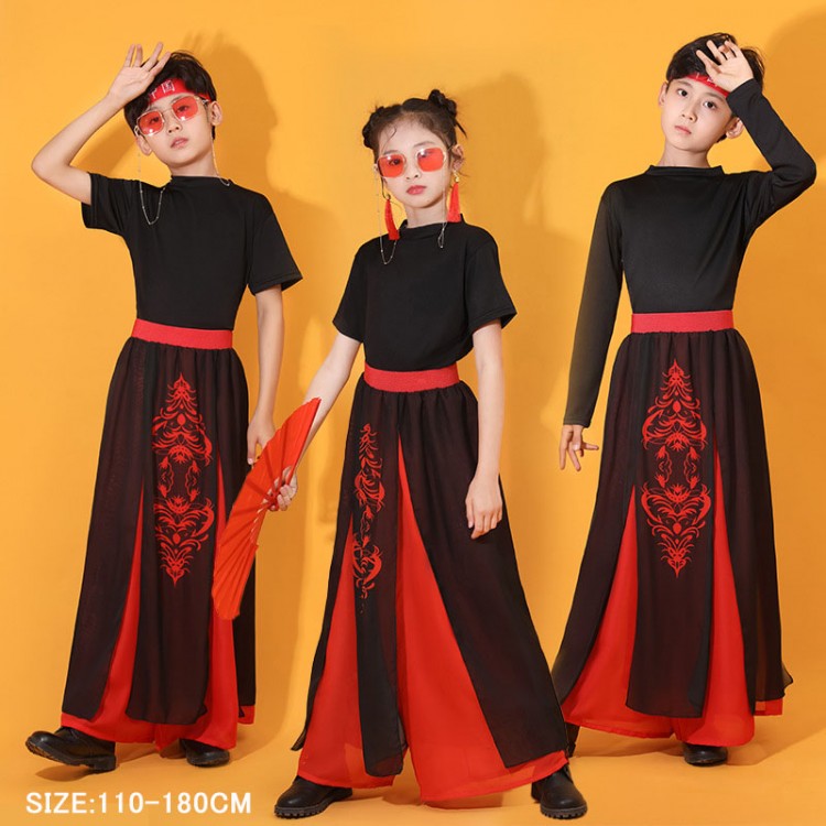 子供 ダンス衣装 ステージ衣装 セットアップ 半袖 長袖 トップス スカート風パンツ チャイナ風 舞台 ス..