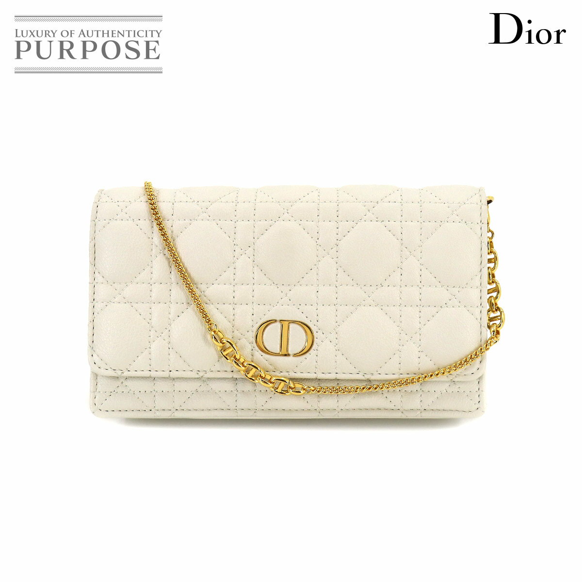 【新品同様】 クリスチャン ディオール Christian Dior カロ ポーチ チェーンウォレット 二つ折り 長財布 レザー ホワイト S5134UWHC Caro Pouch Chain Wallet 【中古】