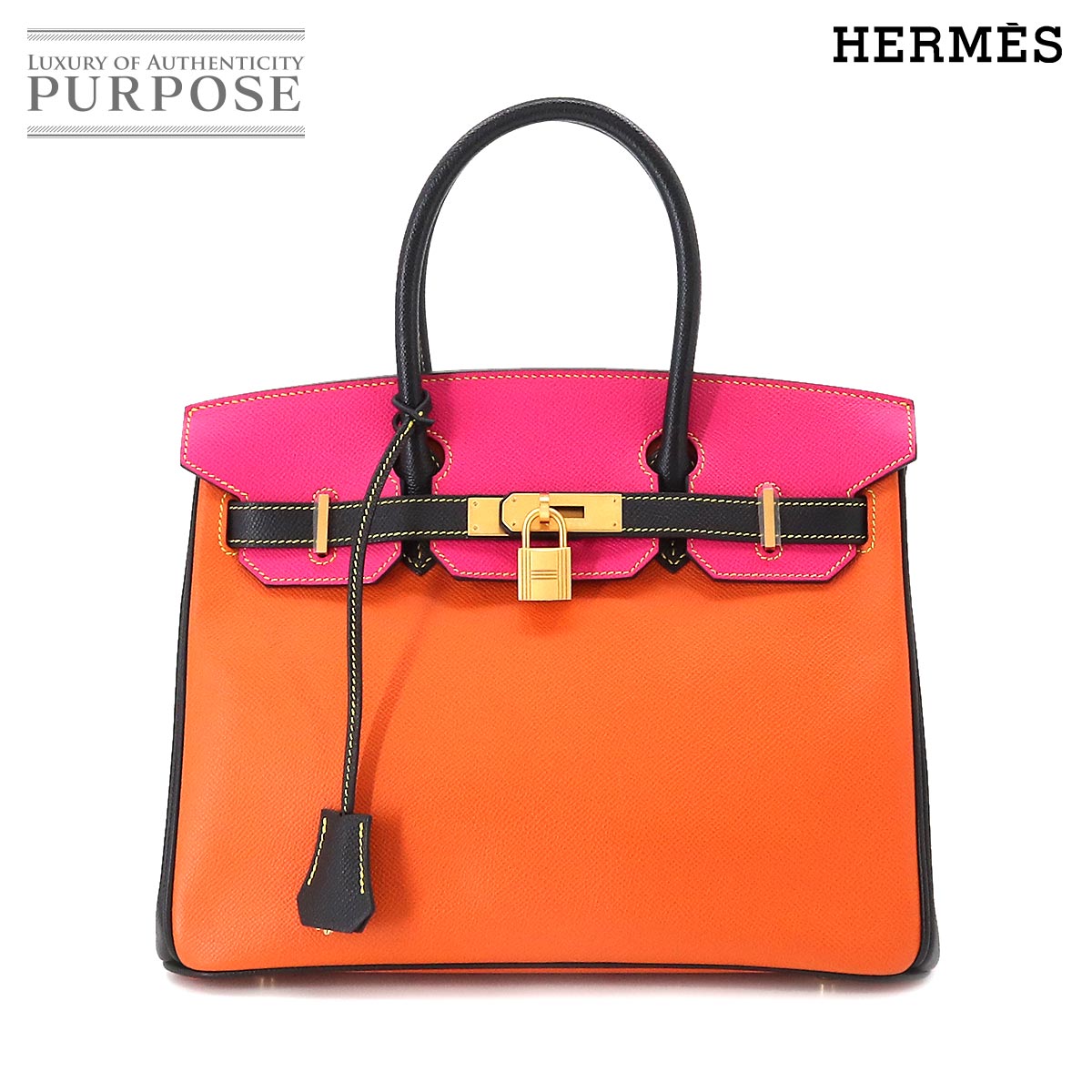 【新品同様】 エルメス HERMES バーキン30 パーソナル SPO ハンド バッグ エプソン オレンジ ローズティリアン ブラック □Q刻印 ゴールド 金具 Birkin 30 【中古】のサムネイル