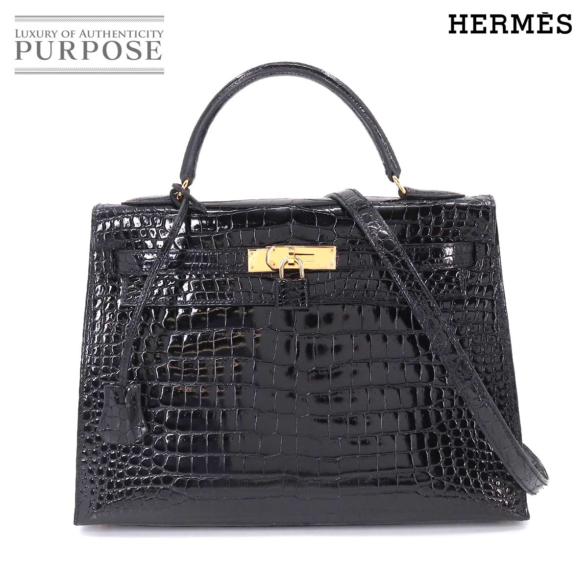 【未使用 展示品】 エルメス HERMES クロコダイル ケリー 32 2way ハンド ショルダー バッグ ポロサス ブラック 外縫い □C刻印 ゴールド 金具 Kelly 【中古】