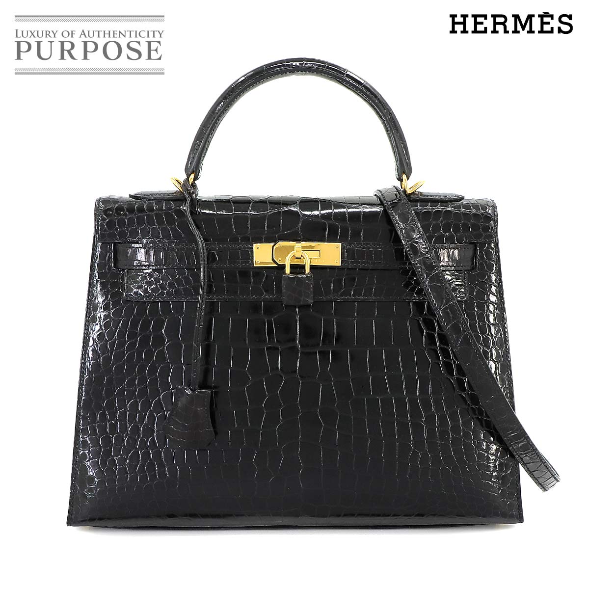 【新品同様】 エルメス HERMES クロコダイル ケリー 32 2way ハンド ショルダー バッグ ポロサス ブラック 外縫い T刻印 ゴールド 金具 Kelly 【中古】