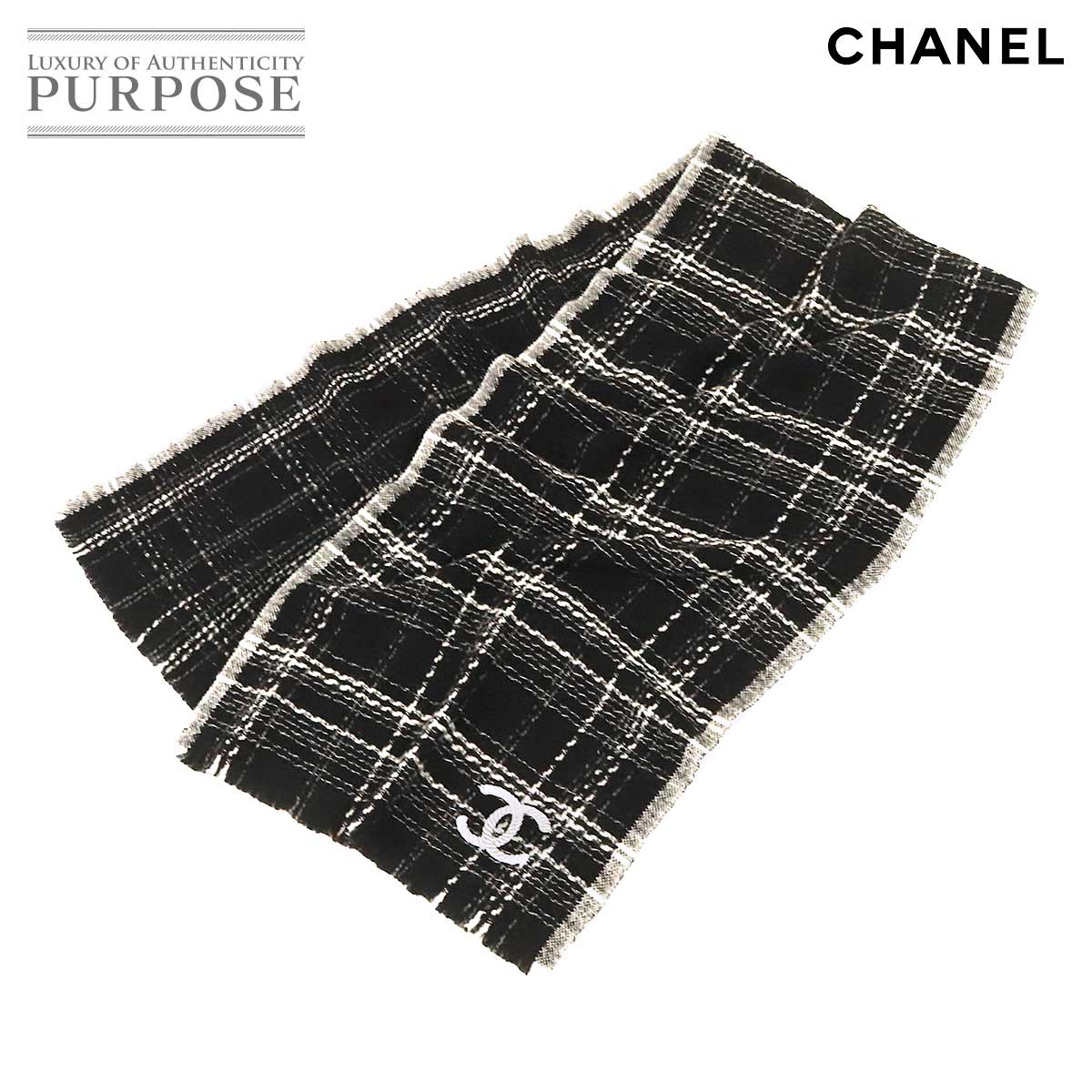 【新品同様】 シャネル CHANEL マフラー シルク ウール ブラック ホワイト 12P フリンジ 格子柄 ココマーク CC Winter Scarf 【中古】のサムネイル