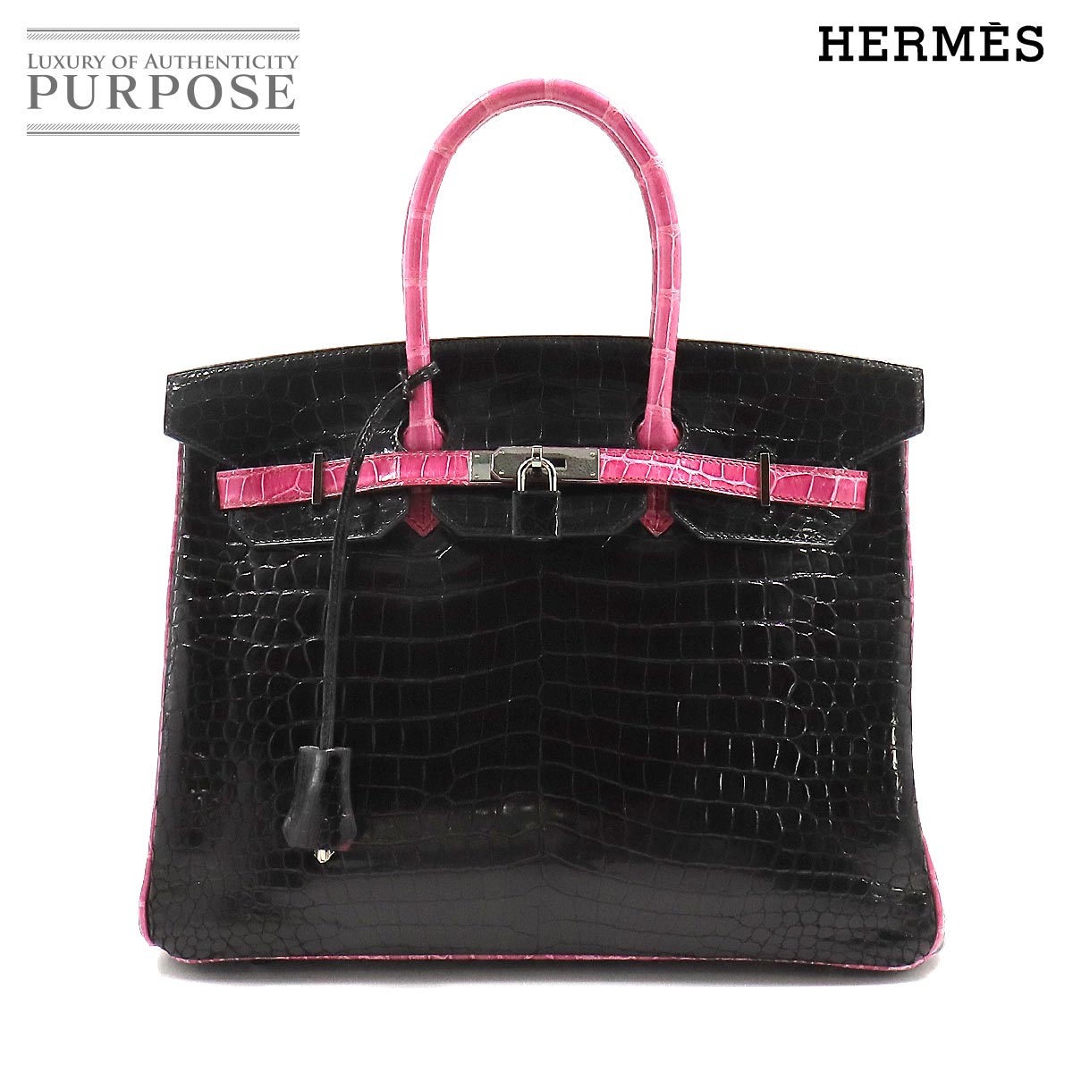 【新品同様】 エルメス HERMES バーキン35 ハンド バッグ クロコダイル ポロサス ブラック ピンク □K刻印 ルテニウム 金具 Birkin 35 【中古】