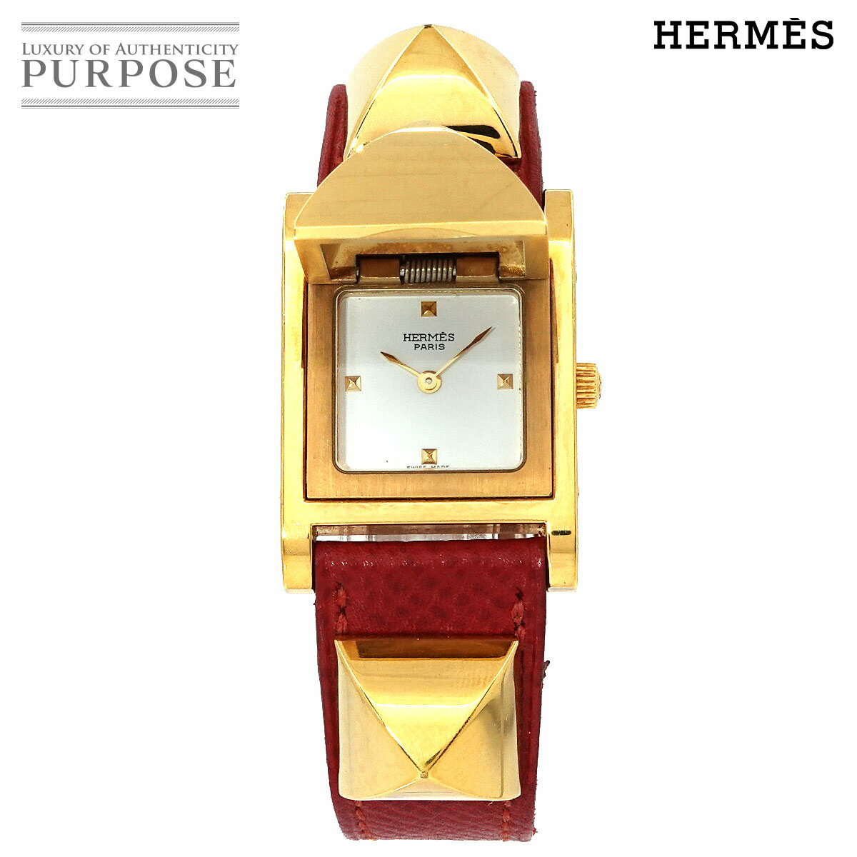 エルメス HERMES メドール ヴィンテージ レディース 腕時計 ピラミッド ゴールド スタッズ ホワイト 文字盤 レッド レザー クォーツ ウォッチ Medor 【中古】のサムネイル