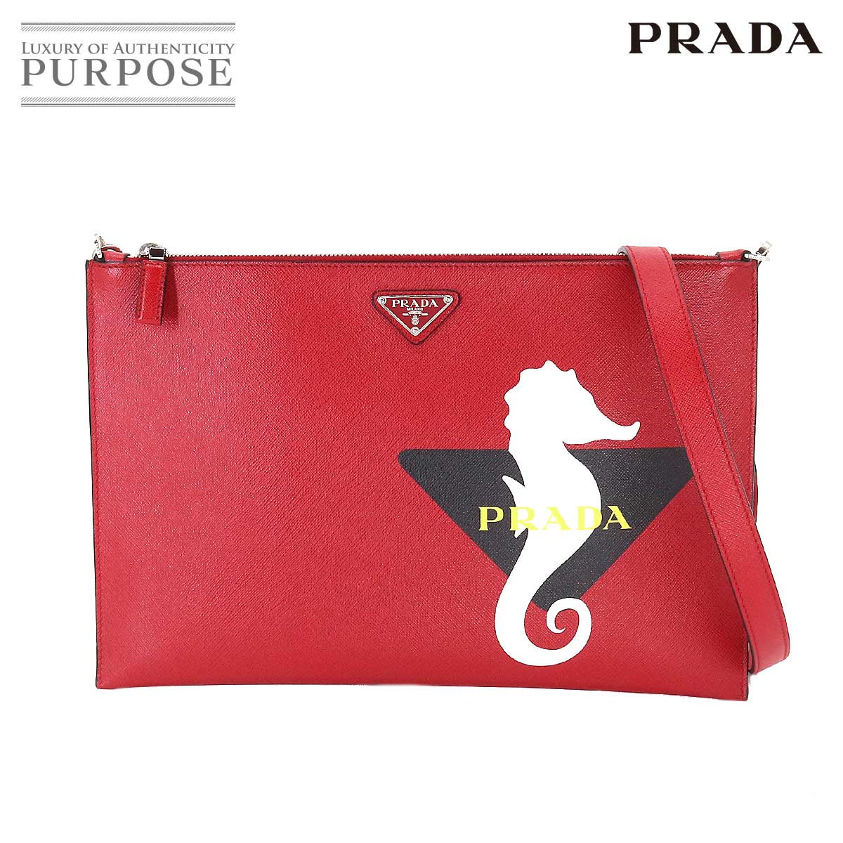 【未使用 展示品】プラダ PRADA サフィアーノ 2way ショルダー クラッチ バッグ レザー レッド 2VH073 Clutch Shoulder Bag 【中古】