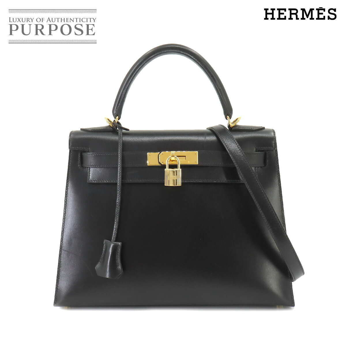 エルメス HERMES ケリー 28 2way ハンド ショルダー バッグ ボックスカーフ レザー ブラック □G刻印 外縫い ゴールド 金具 Kelly 28 【中古】