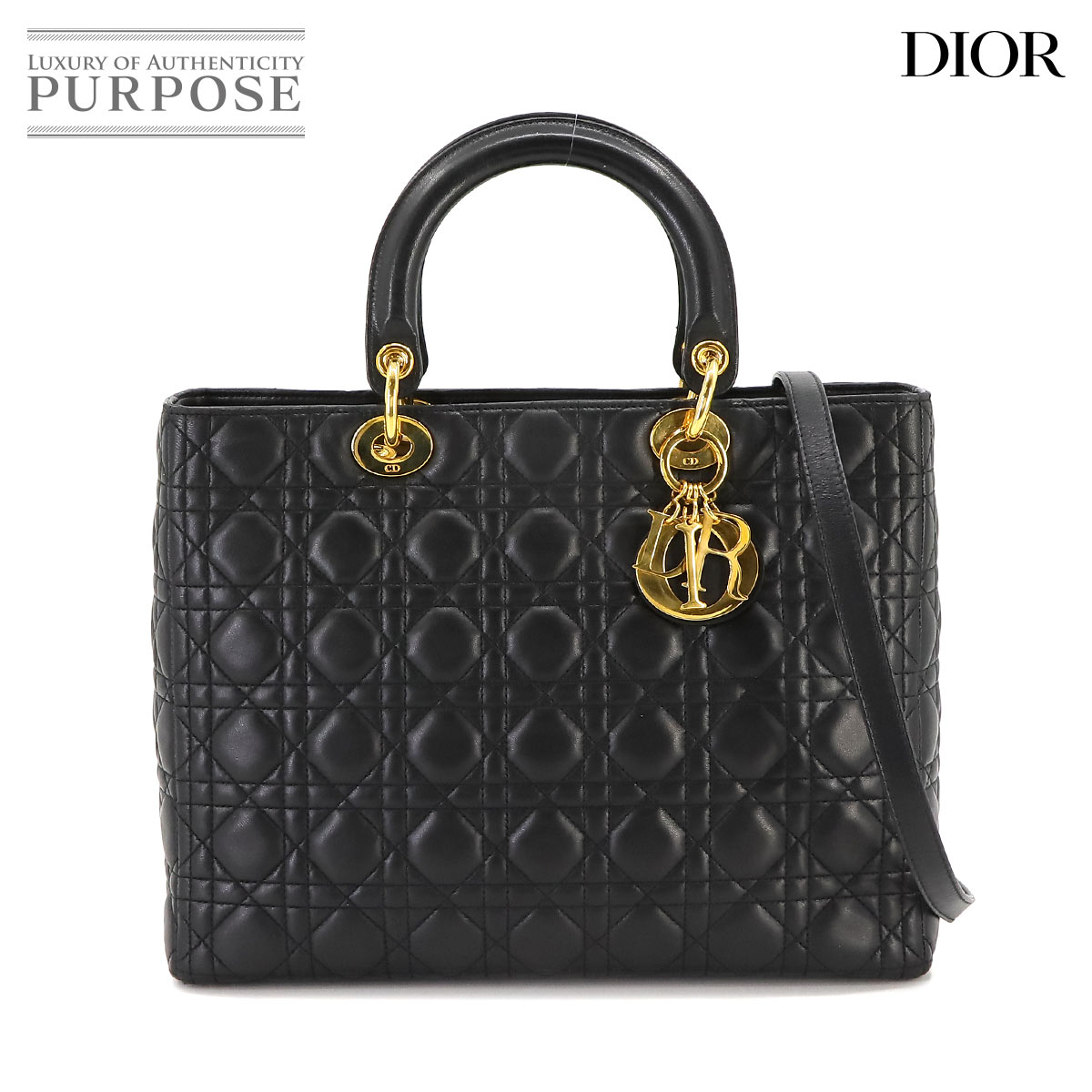 クリスチャン ディオール Christian Dior レディディオール ラージ 2way ハンド ショルダー バッグ レザー ブラック Lady Dior 