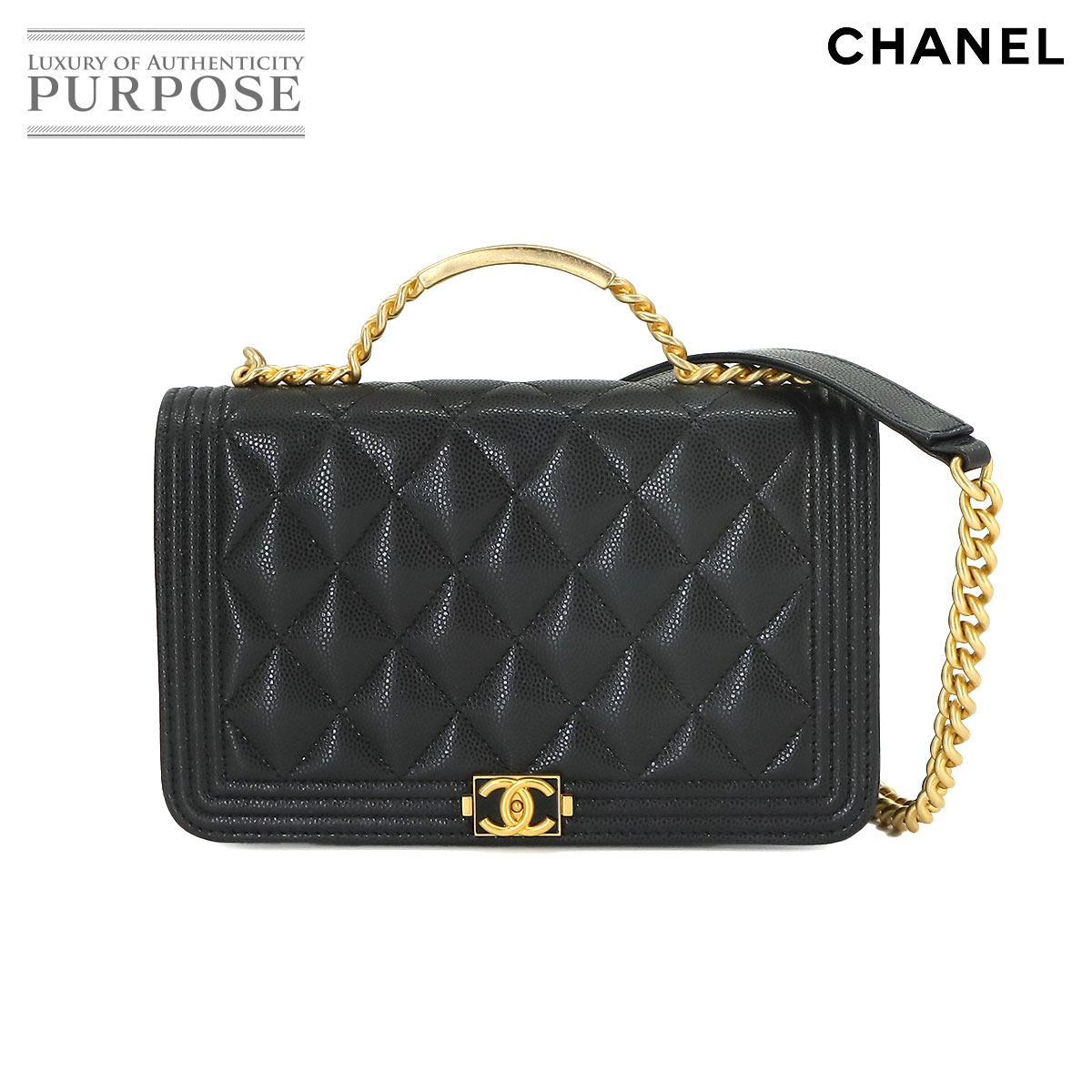 【未使用 展示品】 シャネル CHANEL ボーイシャネル チェーン ウォレット 長財布 キャビアスキン ブラック ゴールド 金具 Chain Wallet 【中古】