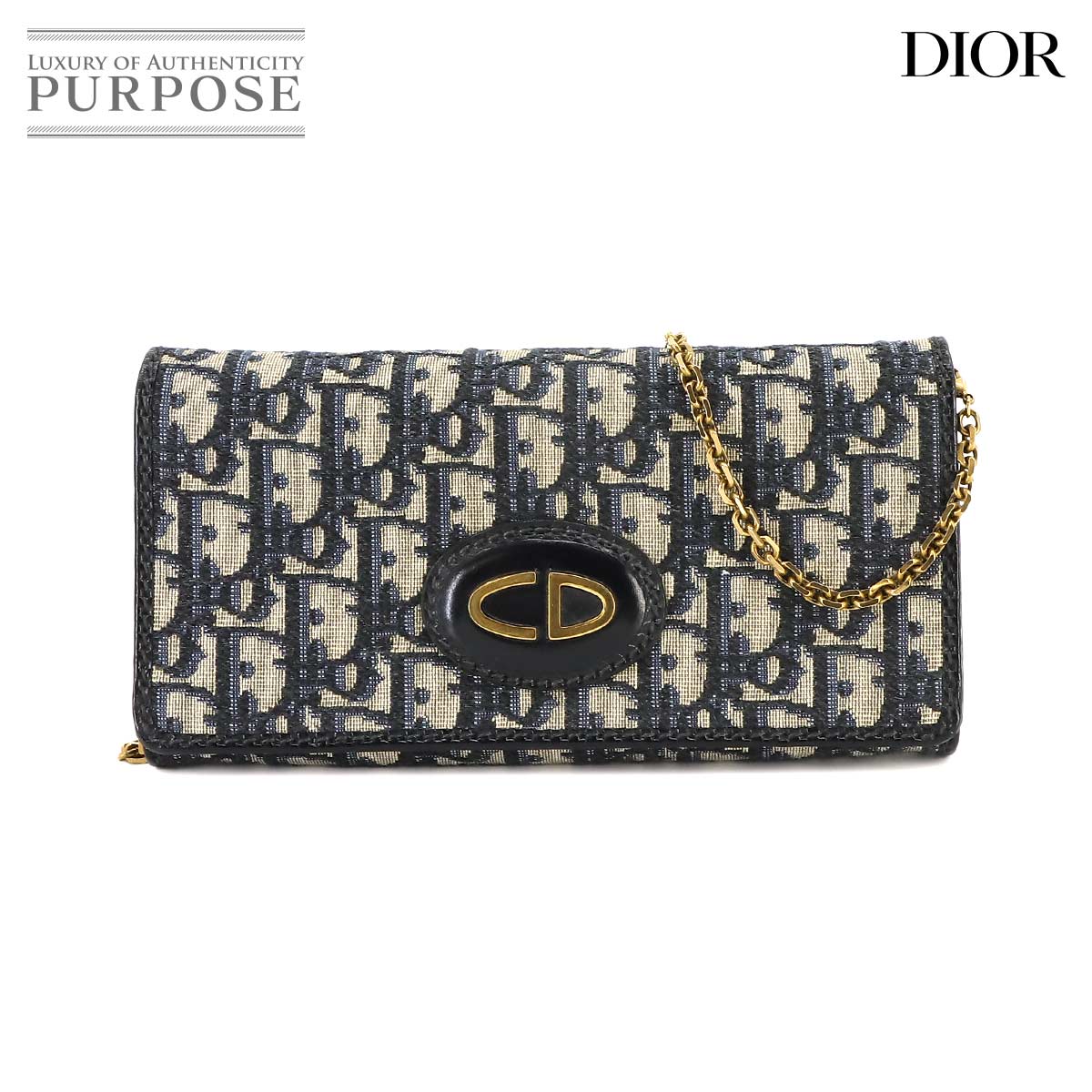 【新品同様】 クリスチャン ディオール Christian Dior オブリーク チェーン ウォレット 二つ折り 長財布 キャンバス レザー ネイビー Chain Wallet 【中古】