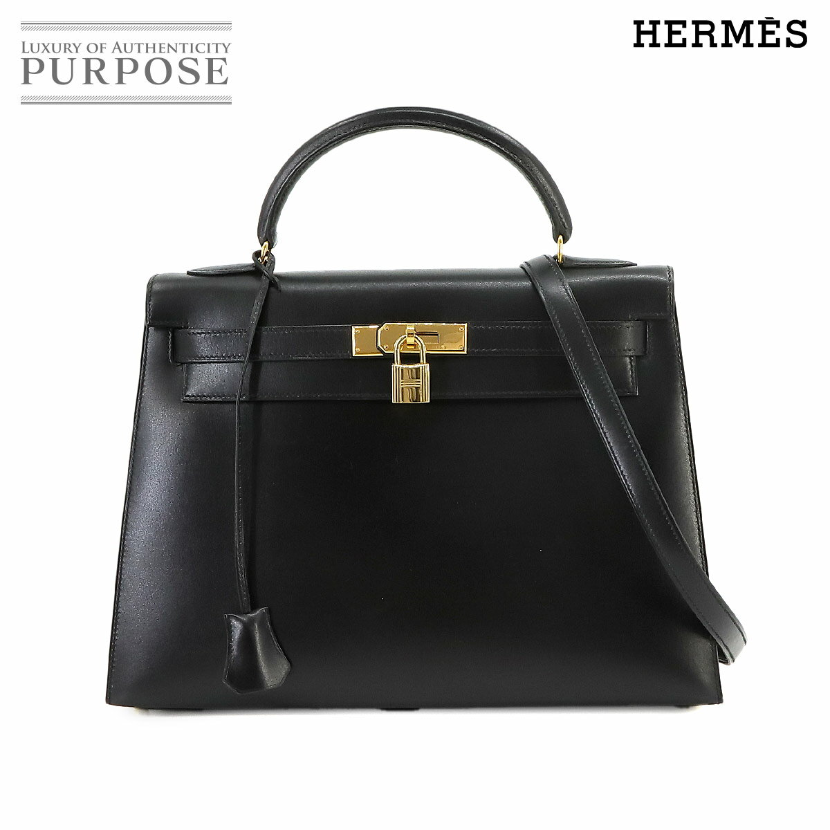 エルメス HERMES ケリー 32 2way ハンド ショルダー バッグ ボックスカーフ ブラック 外縫い 〇A刻印 ゴールド 金具 Kelly 32 【中古】