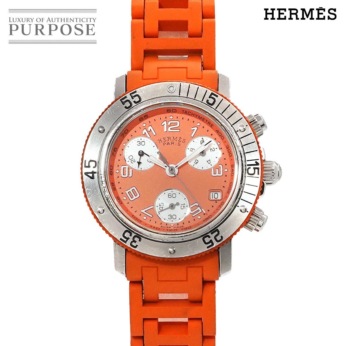 エルメス HERMES クリッパー ダイバー クロノグラフ CL2 316 レディース 腕時計 デイト オレンジ 文字盤 クォーツ ウォッチ Clipper 【中古】