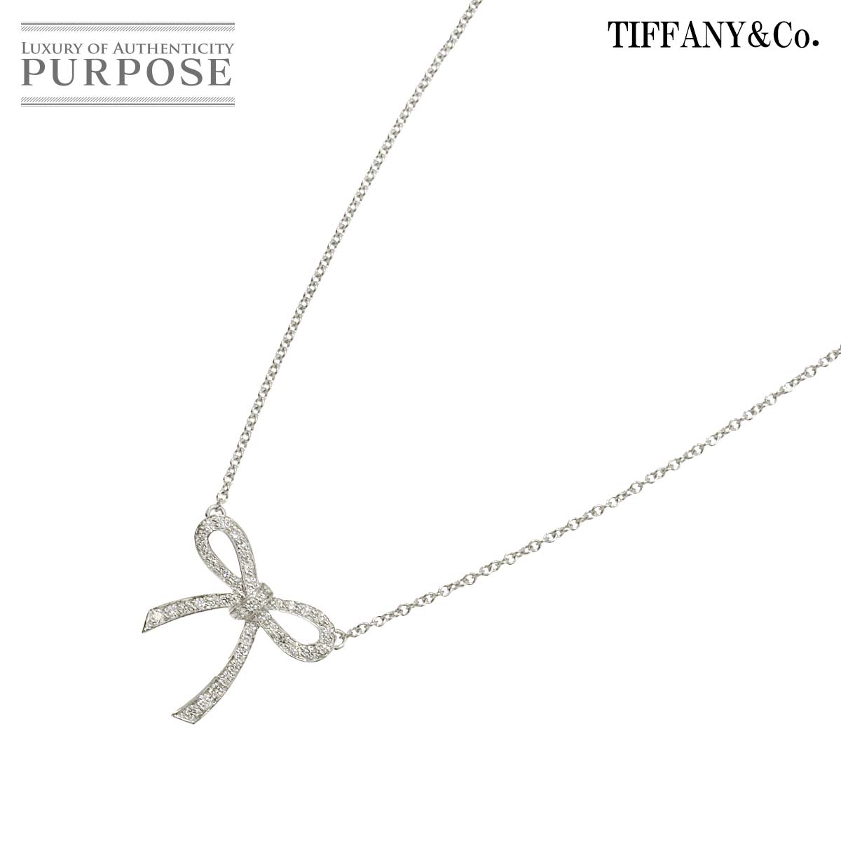 【新品同様】 ティファニー TIFFANY&CO. ボウ ダイヤ ネックレス 40cm Pt プラチナ リボン Diamond Necklace【中古】