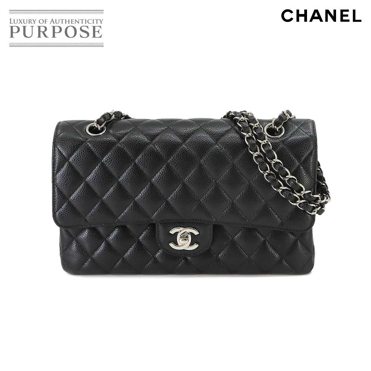 【新品同様】 シャネル CHANEL マトラッセ 25 チェーン ショルダー バッグ キャビアスキン ブラック A01112 シルバー 金具 ココマーク Matelasse Bag 【中古】