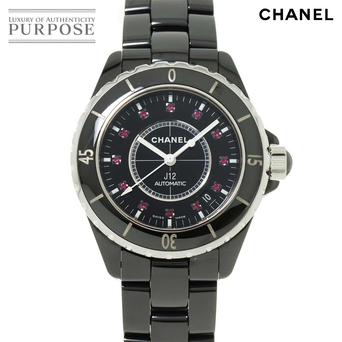 シャネル CHANEL J12 38mm H1635 メンズ 腕時計 12P ルビー デイト ブラッ ...