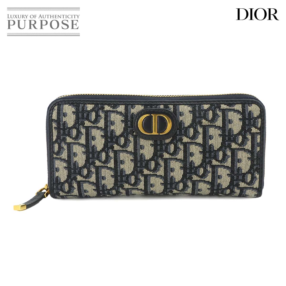 クリスチャン ディオール Christian Dior オブリーク 30 MONTAIGNE ウォレット ラウンドファスナー 長財布 キャンバス ネイビー Oblique Wallet 【中古】