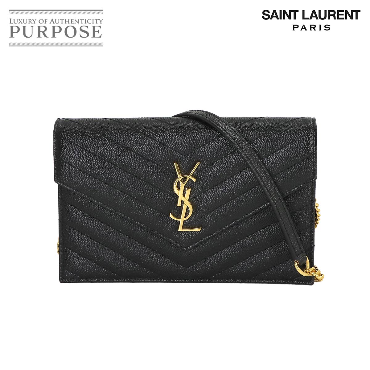 【新品同様】 サンローラン パリ SAINT LAURENT PARIS カサンドラ エンベロープ チェーン ウォレット 長財布 レザー ブラック 742920 ゴールド 金具 Cassandre Envelope Chain Wallet 【中古】