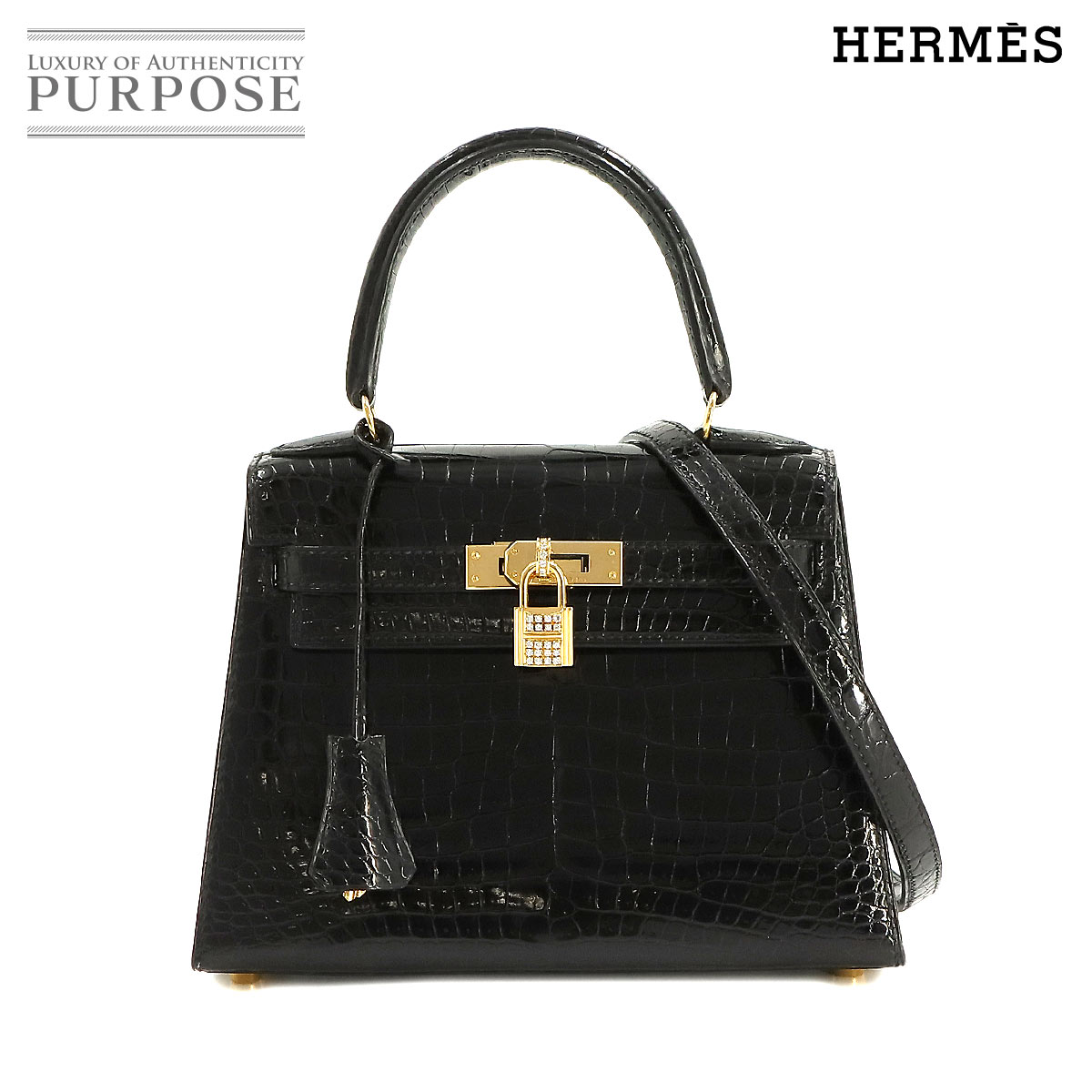 【未使用 展示品】 エルメス HERMES クロコダイル ミニケリー 20 2way ハンド ショルダー バッグ ポロサス ブラック 外縫い 〇Z刻印 ゴールド 金具 Mini Kelly 【中古】