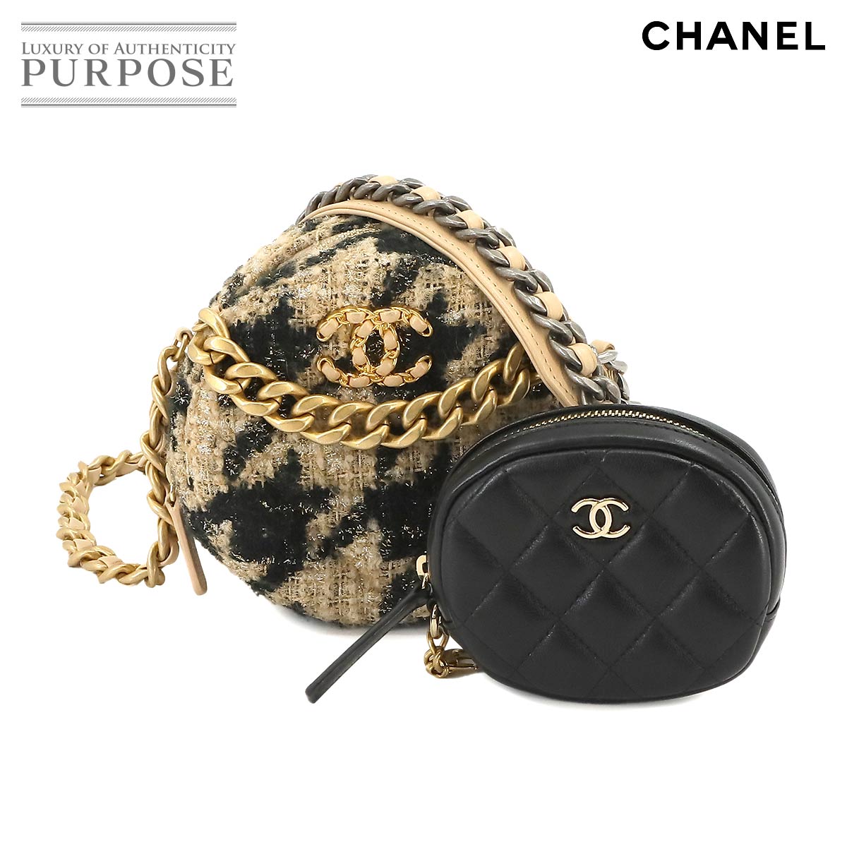 【新品同様】 シャネル CHANEL 19 ラウンド チェーン ショルダー バッグ ツイード レザー ベージュ ブラック ポーチ付き 千鳥格子 Chanel 19 Bag 【中古】