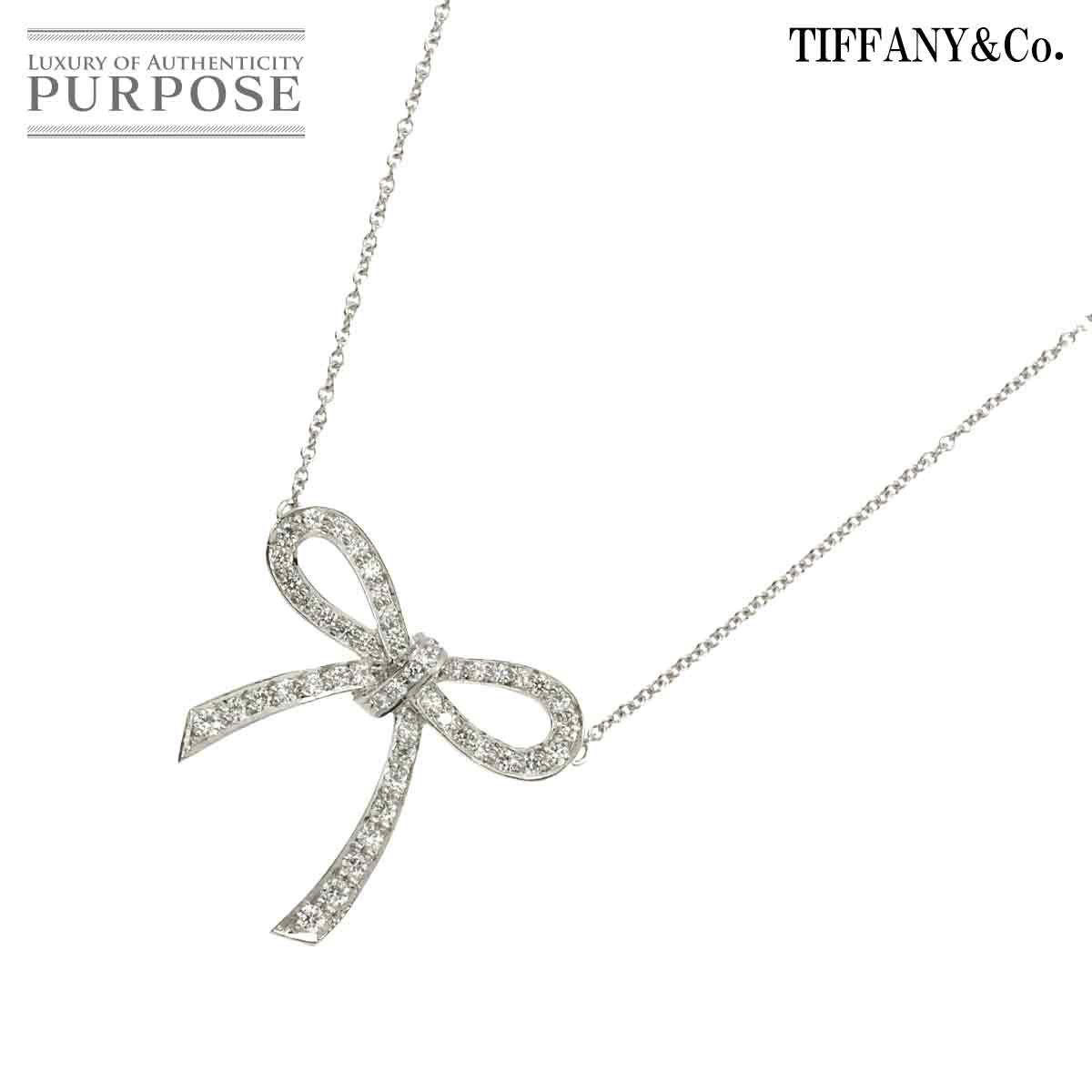 【新品同様】 ティファニー TIFFANY&CO. ボウ ダイヤ ネックレス 40cm Pt プラチナ リボン Diamond Necklace【中古】