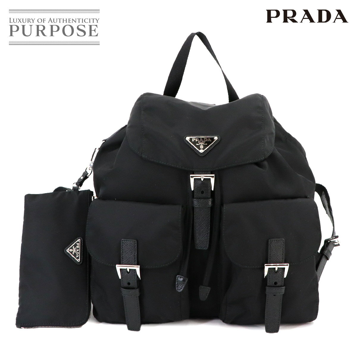 【未使用 展示品】 プラダ PRADA ミディアム バックパック リュックサック ナイロン サフィアーノレザー ネロ 1BZ811 ポーチ付 Medium Backpack 【中古】