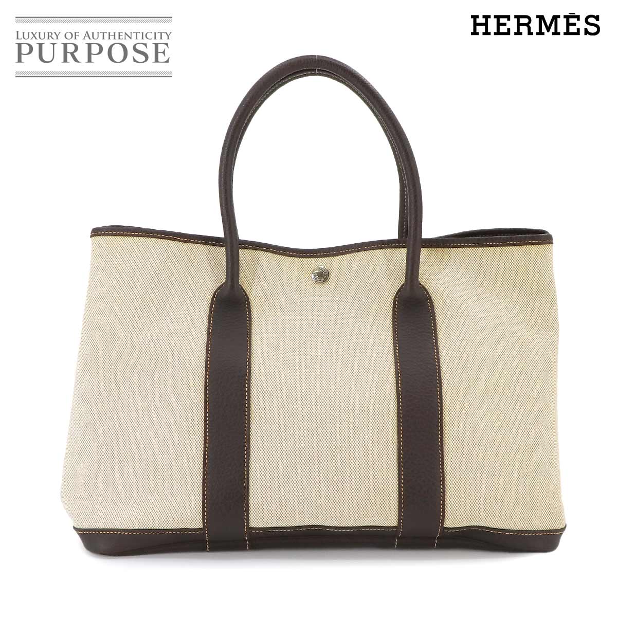  エルメス HERMES ガーデンパーティ 36 PM トート バッグ トワルアッシュ レザー ナチュラル マロン □H刻印 Garden Party PM 