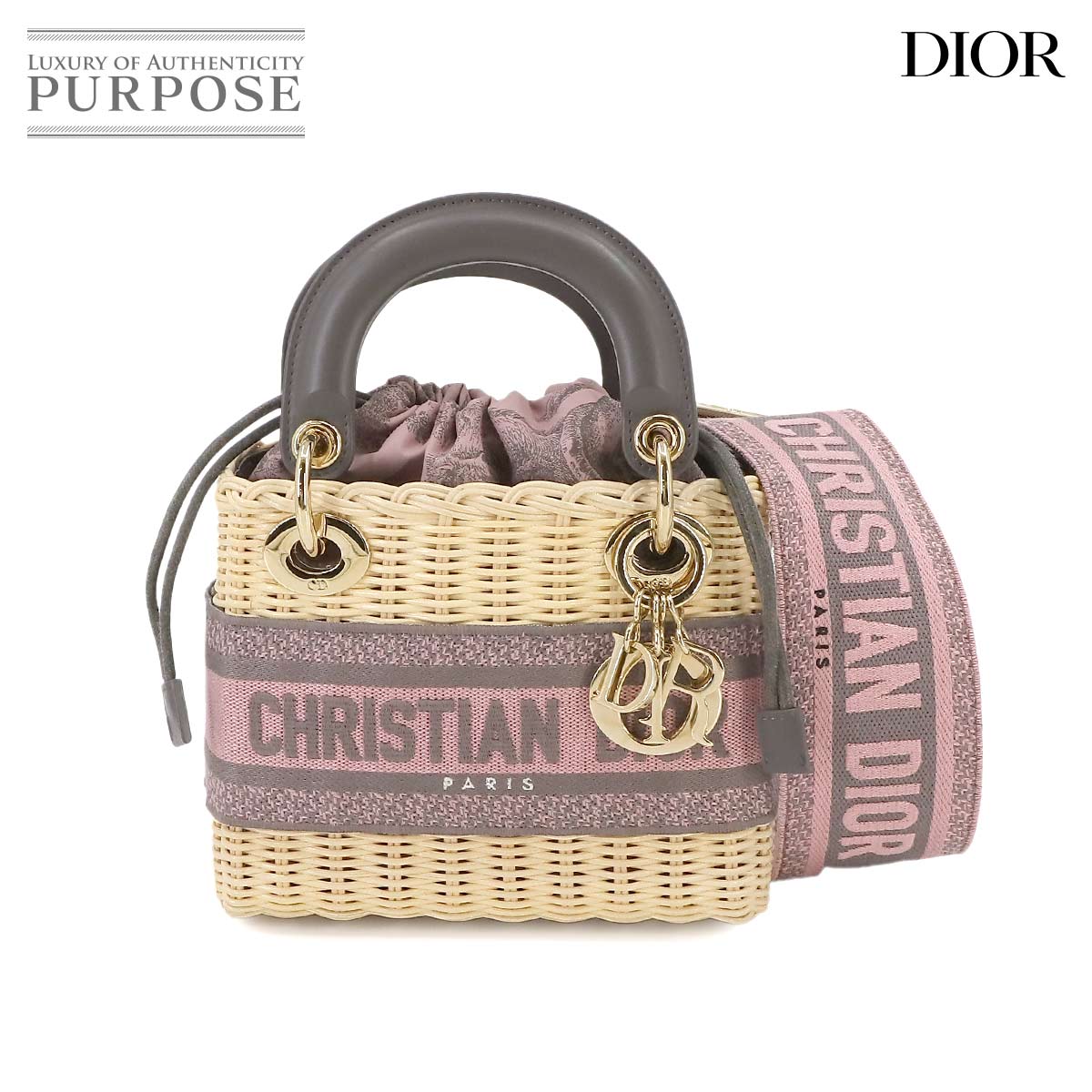 【未使用 展示品】 クリスチャン ディオール Christian Dior レディディオール ミニ 2way ハンド ショルダー バッグ ウィッカー キャンバス ピンク M0505CMVO Lady Dior Mini 【中古】