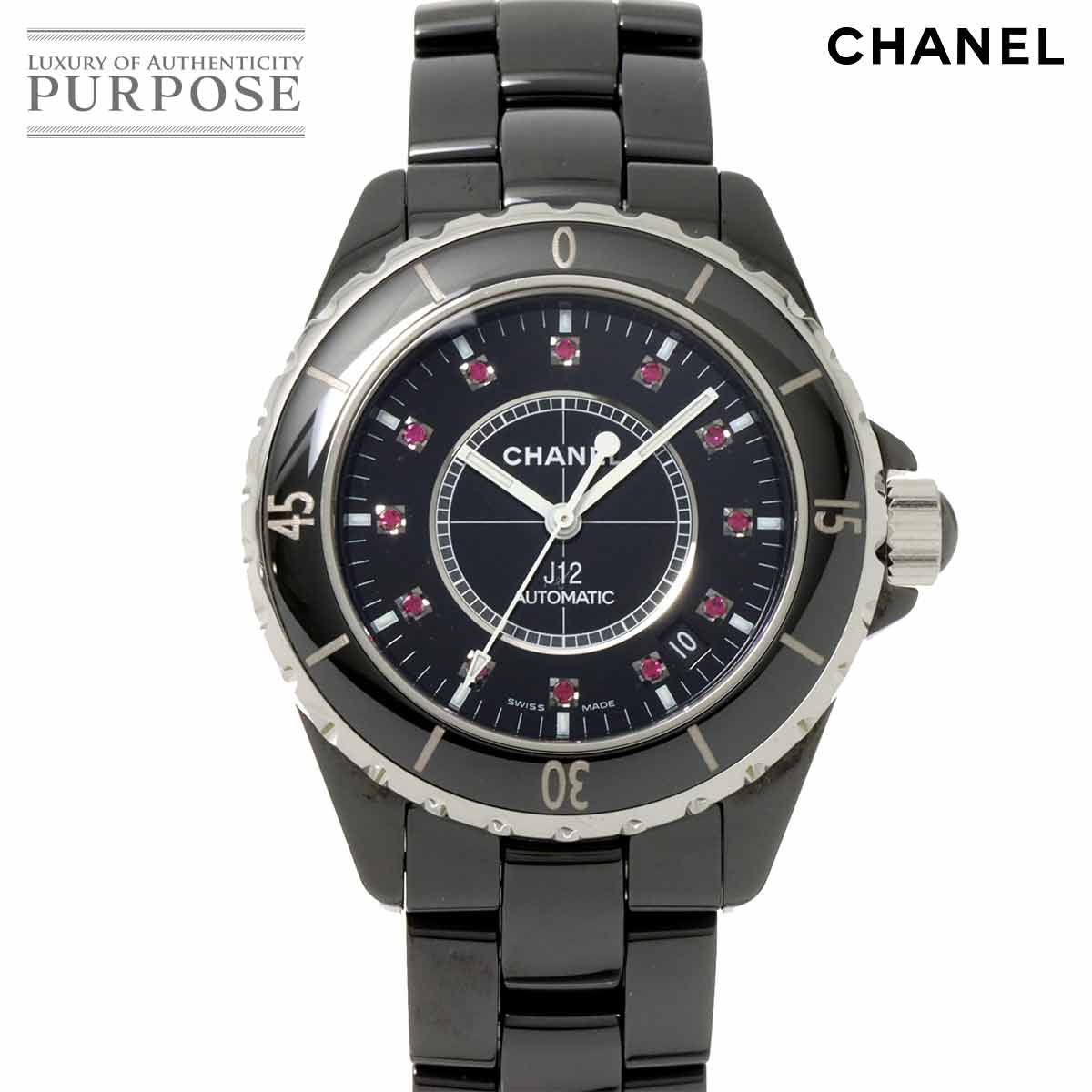 シャネル CHANEL J12 38mm H1635 メンズ 腕時計 12P ルビー デイト ブラッ ...