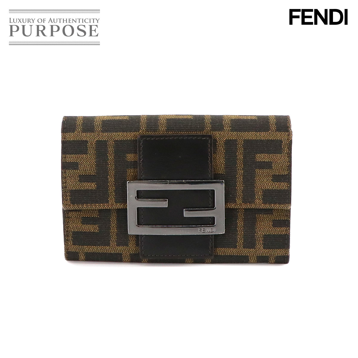 フェンディ FENDI ズッカ柄 二つ折り 財布 キャンバス レザー ブラウン 8M0036 シルバー 金具 Compact Wallet 【中古】