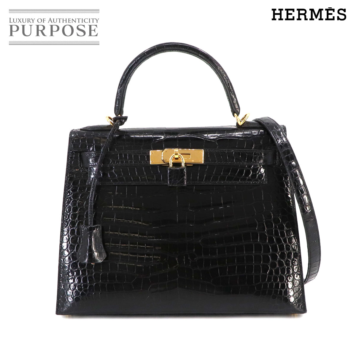 【新品同様】 エルメス HERMES クロコダイル ケリー 28 2way ハンド ショルダー バッグ ポロサス ブラック 外縫い □F刻印 ゴールド 金具 Kelly 【中古】