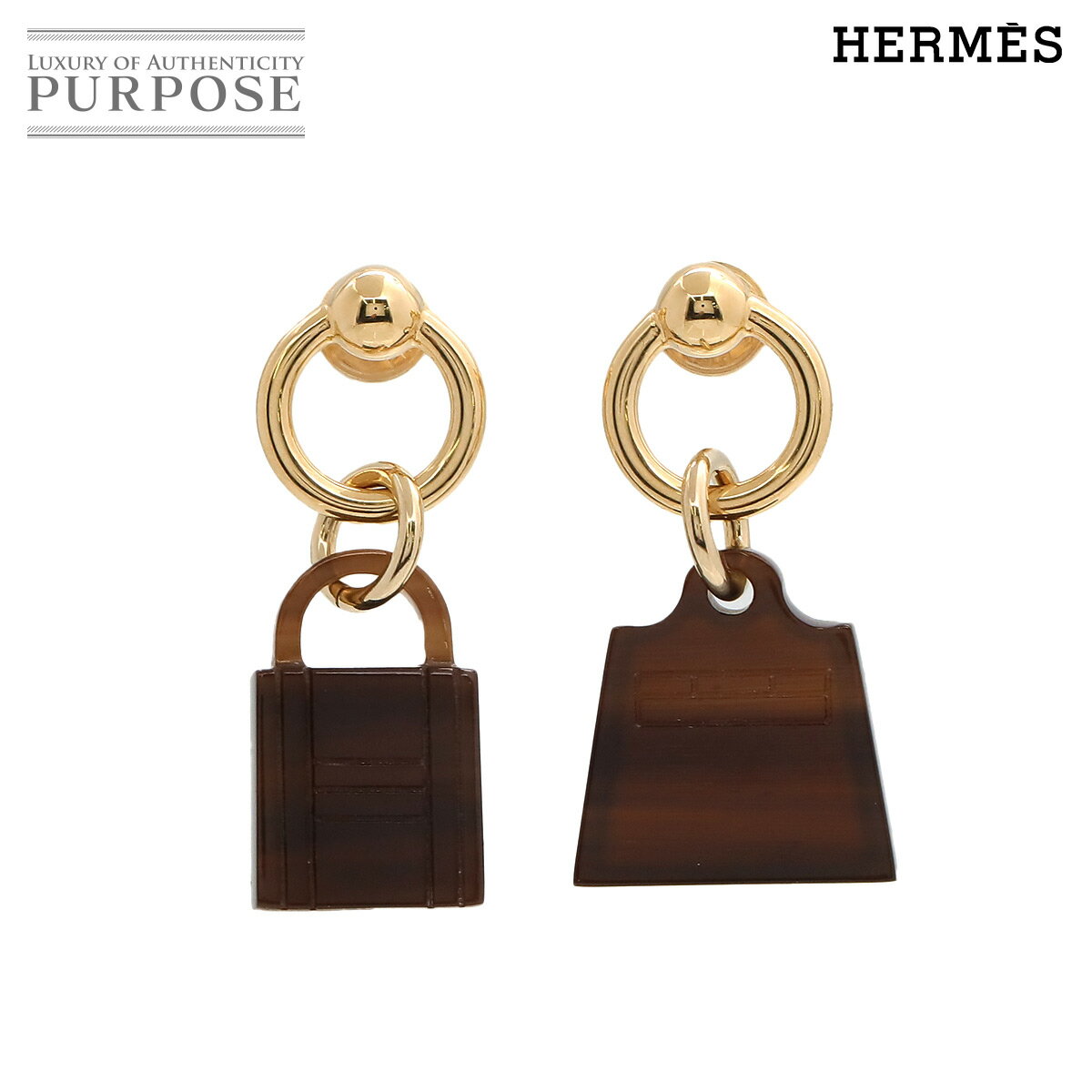 【未使用 展示品】 エルメス HERMES アミュレット マロキニエ ピアス カデナ ケリー モチーフ バッファローホーン ブラウン ゴールド Amulettes Maroquinier 【中古】のサムネイル