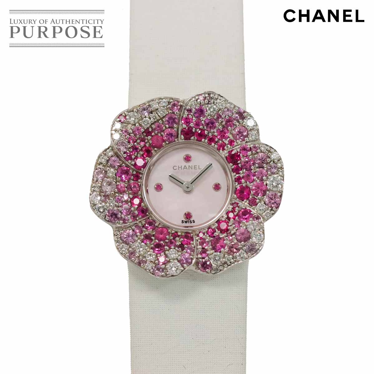 シャネル CHANEL カメリア H1652 レディース 腕時計 ダイヤモンド ピンクサファイア ベゼル ピンクシェル K18WG ホワイトゴールド クォーツ ウォッチ Camellia 【中古】