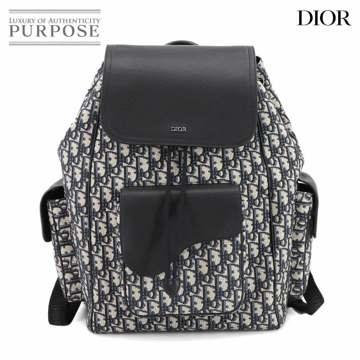 【未使用 展示品】 クリスチャン ディオール Christian Dior オブリーク バックパック リュックサック キャンバス レザー ネイビー ブラック Oblique Backpack 【中古】