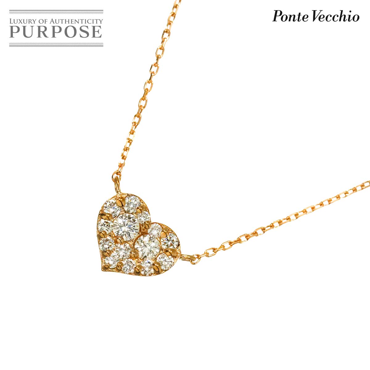 Rakuten - 【新品同様】 ポンテヴェキオ Ponte Vecchio ダイヤ 0.13ct ネックレス 40cm K18 PG ピンクゴールド 750 ハート Diamond Necklace【中古】