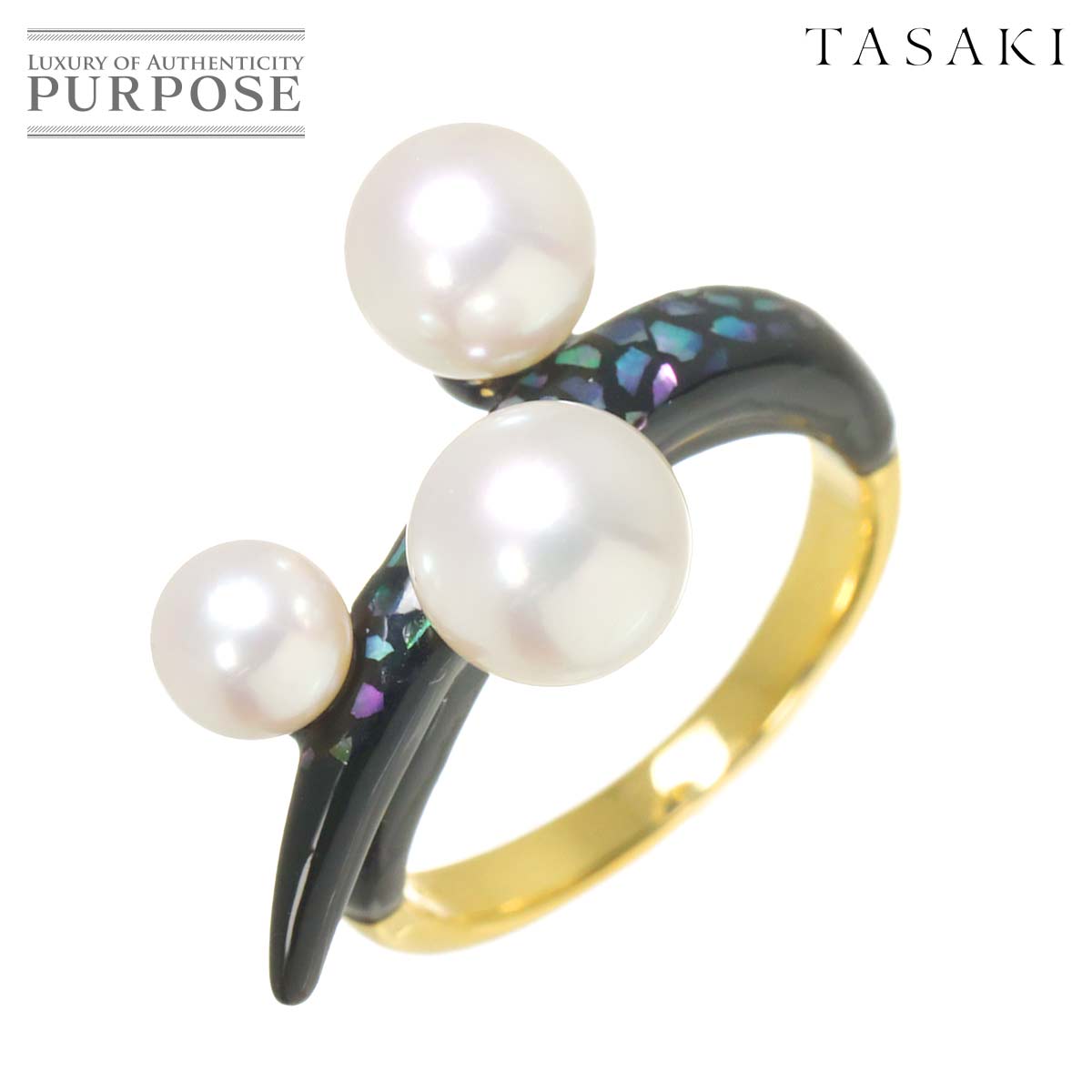 Rakuten - 【新品同様】 タサキ TASAKI 13号 リング アコヤ真珠 7.6-5.4mm エナメル シェル K18 YG イエローゴールド 750 パール 指輪 Ring【中古】