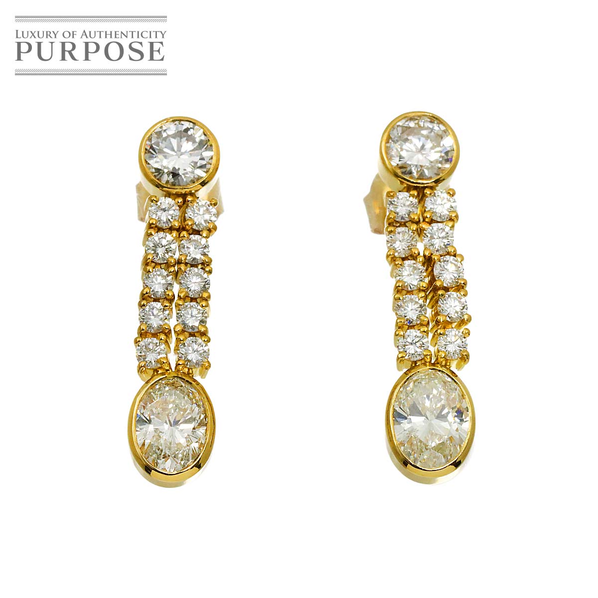 Coral - 【新品仕上げ】 ダイヤ 1.07ct/1.08ct 0.38ct/0.38ct ピアス K18 YG イエローゴールド 750 Diamond Earrings Pierced 【中古】