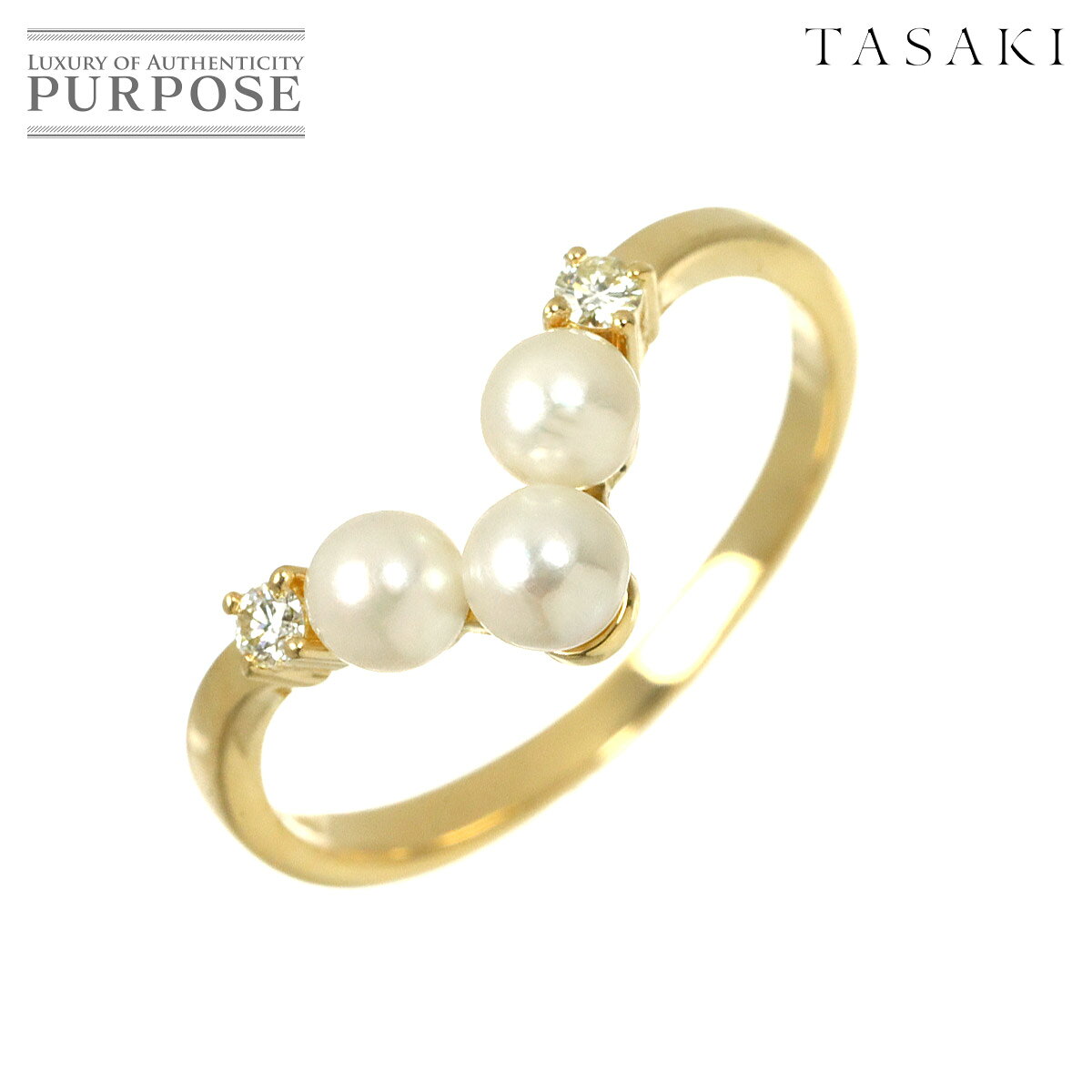【新品同様】 タサキ TASAKI 11号 リング アコヤ真珠 3.5mm ダイヤ 0.10ct K18 YG イエローゴールド 750 パール 指輪 田崎真珠 Ring【中古】