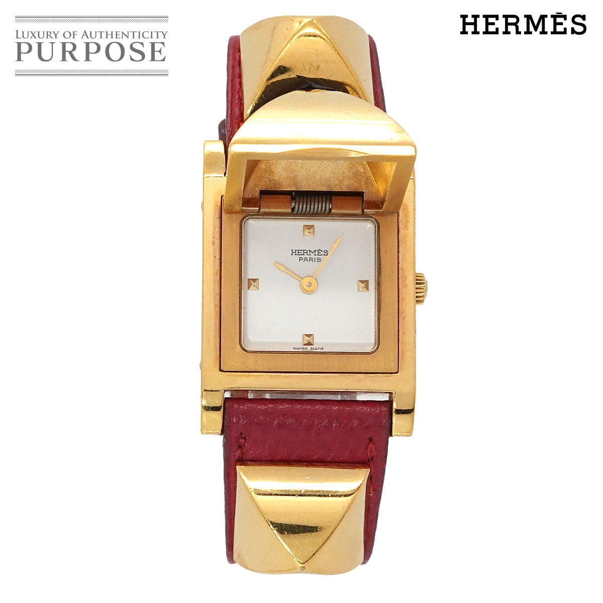 エルメス HERMES メドール ヴィンテージ レディース 腕時計 ピラミッド ゴールド スタッズ ホワイト レッド レザー クォーツ ウォッチ Medor 【中古】