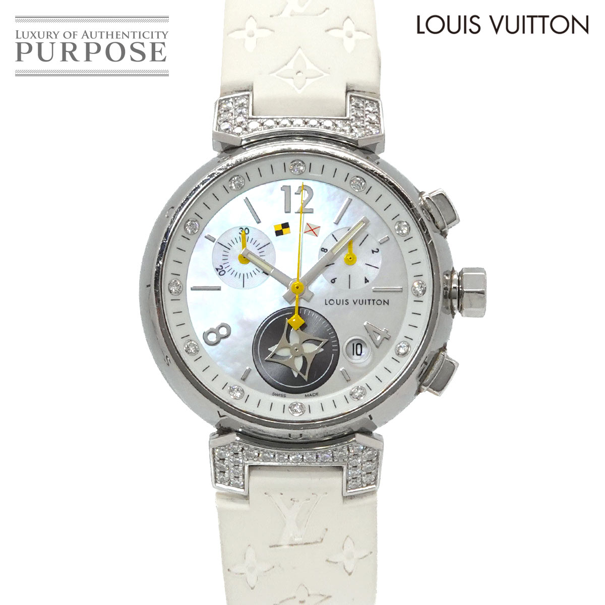 ルイ ヴィトン LOUIS VUITTON タンブール ラブリーカップ Q132H クロノグラフ レディース 腕時計 ダイヤ デイト ホワイトシェル クォーツ ウォッチ Tambour 【中古】