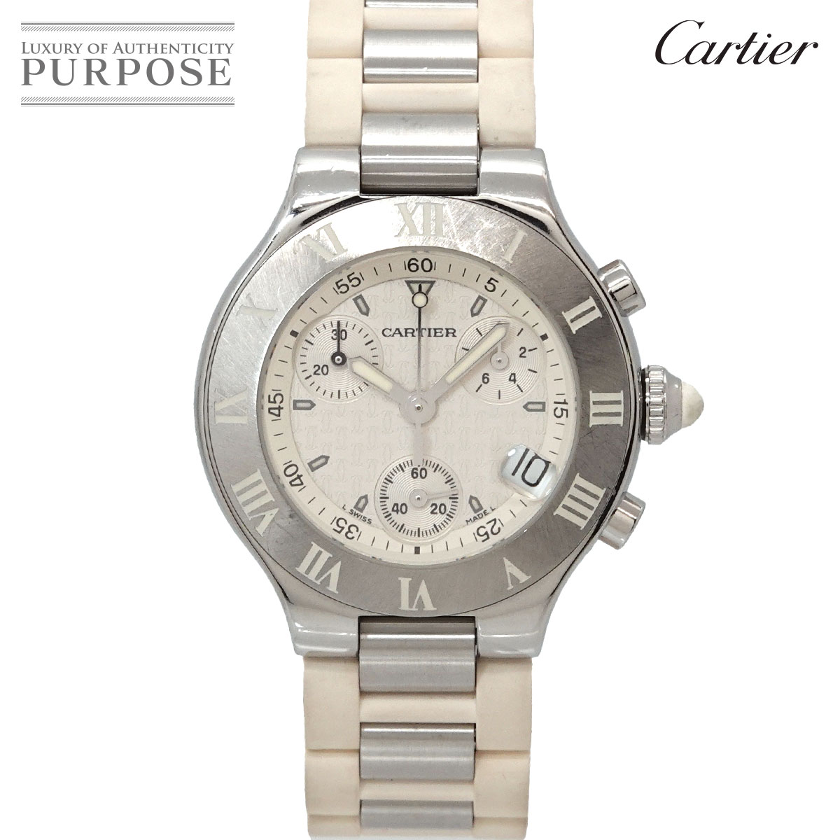 カルティエ Cartier マスト21 ヴァンティアン クロノスカフ W10197U2 クロノグラフ レディース 腕時計 デイト ホワイト クォーツ ウォッチ Must 21 【中古】