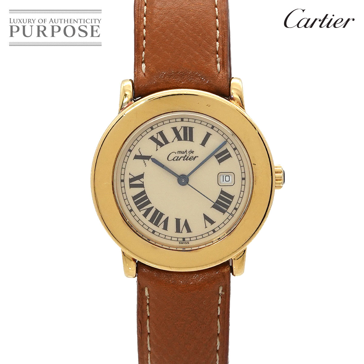 カルティエ Cartier マスト ロンド ヴェルメイユ LM W1006822 レディース 腕時計 デイト アイボリー SV925 クォーツ ウォッチ Must Ronde Vermeil 【中古】