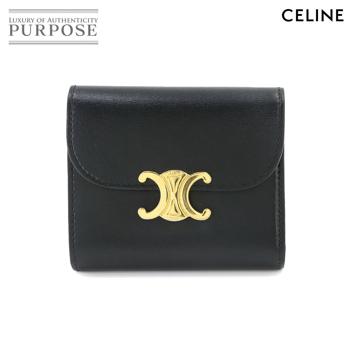 セリーヌ CELINE トリオンフ コンパクト ウォレット 三つ折り 財布 レザー ブラック 10D783DPV ゴールド 金具 Compact Wallet 【中古】
