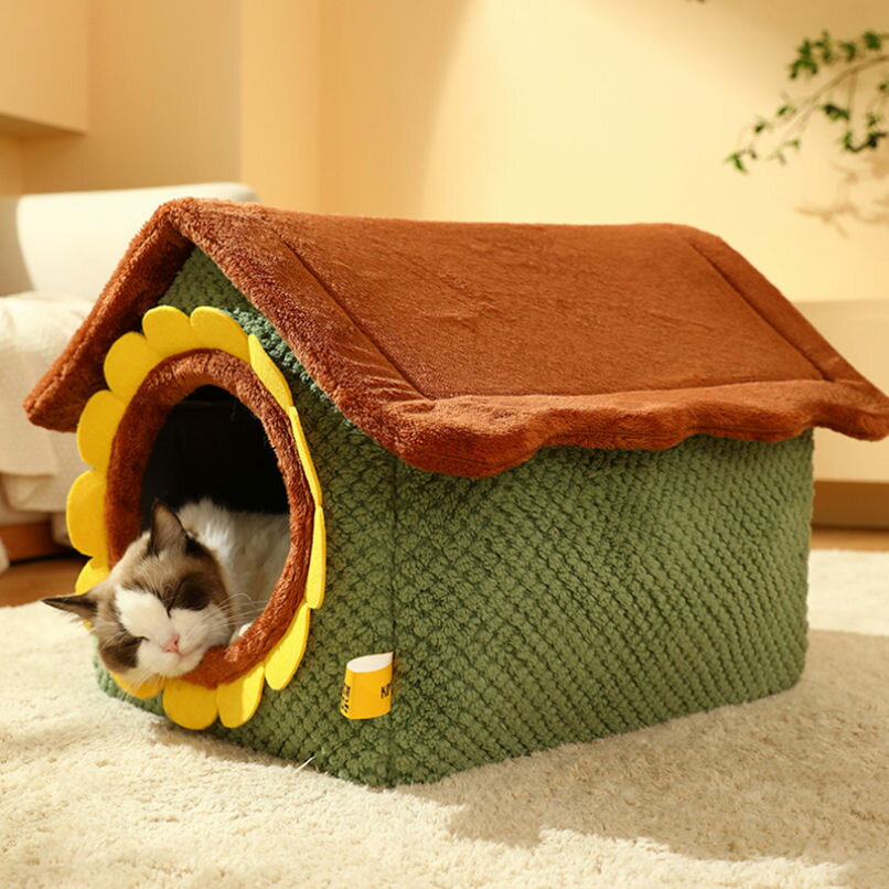 800円OFFクーポン 猫 ハウス 冬用 ペットハウス キャットハウス ふわふわ 暖かい 犬小屋 三角屋根 ヒマワリ クッション付き 取り外し可能 洗える ぐっすり眠れる ネコハウス 猫寝床 ペットテント 小型犬 猫用 保温防寒 耐噛み 可愛い ペット用品 MMLYY