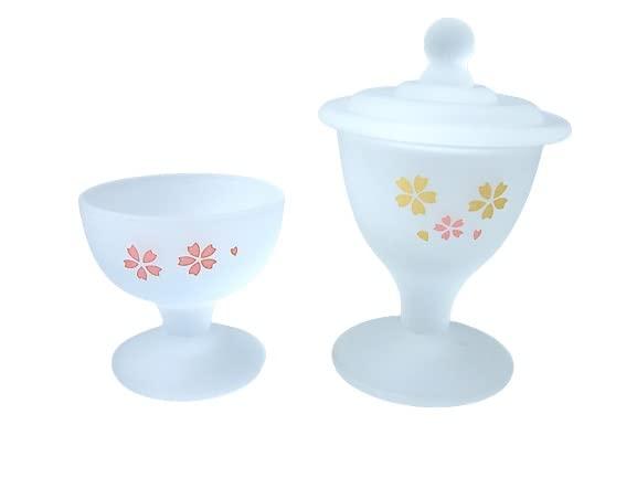 くもりガラス仏茶器セット（ご飯・水入れ）桜柄