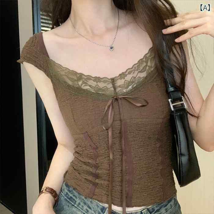 ・カテゴリ: Tシャツ・スタイル: スウィート、セクシー・主な素材: スパンデックス30%以下・ネックライン: Uネック・袖丈: ノースリーブ・詳細加工: レース・シルエット: レギュラー・着丈: 普通（約50cm～65cm）・カラー展開: ブラウン、杏色・サイズ展開: XS、S、M、L、XL