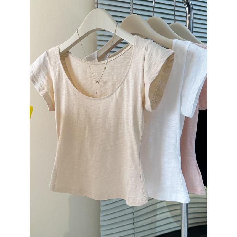 Tシャツ レディース 半袖 Uネック カットソー トップス カットソー プルオーバー ショート丈 スリム タイト 伸縮性 細見え 華奢見え カジュアル フェミニン デイリー 普段使い 韓国風 お出かけ おしゃれ かわいい